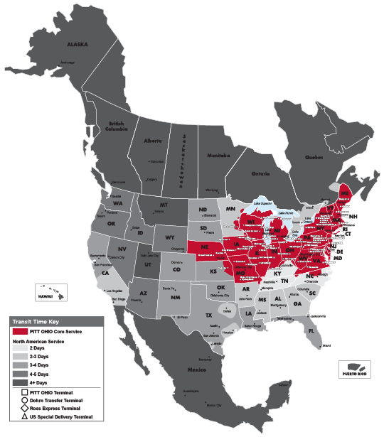 PITT OHIO North American Coverage Map